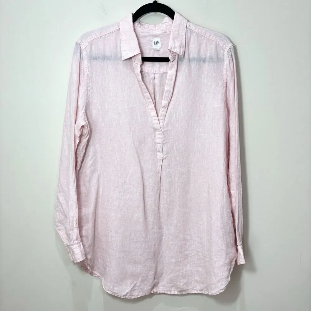 Gap 100% Linen Henley Top Women L Pastel Pink Popover Coastal Beach Resort